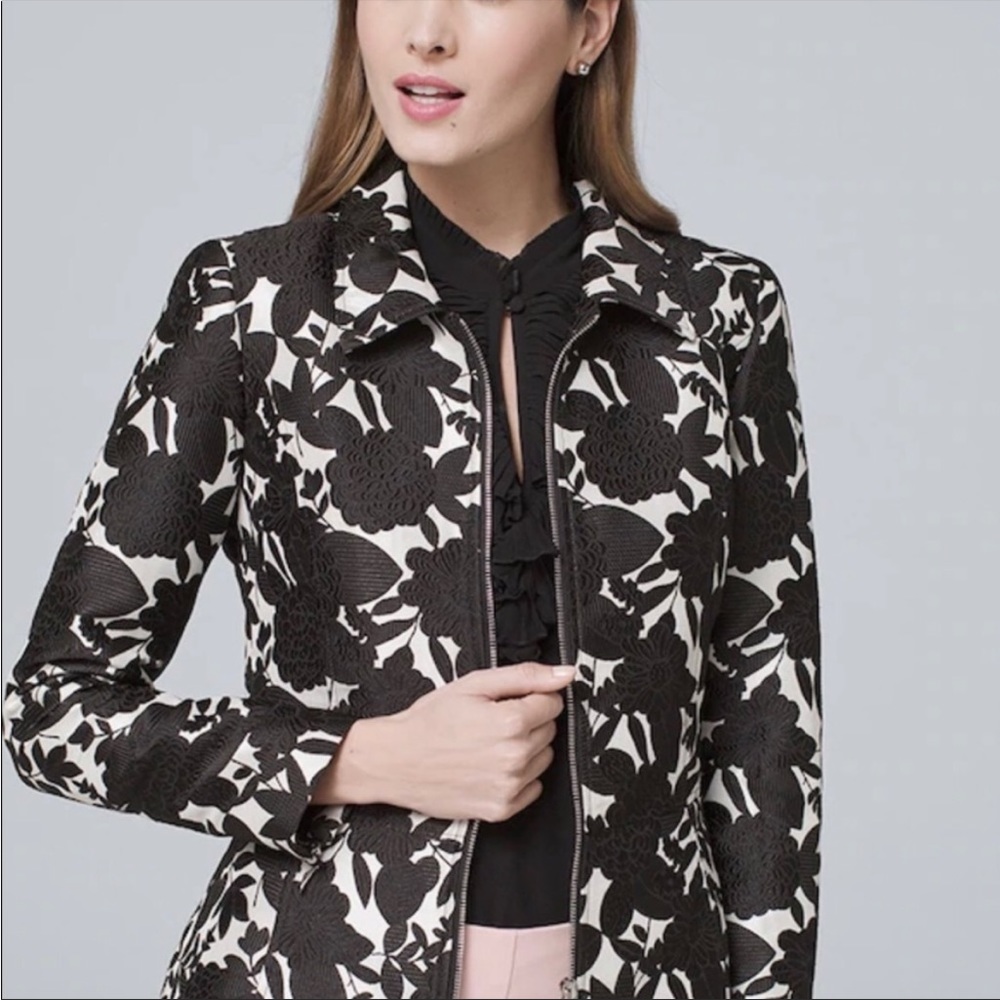 WHBM Floral Zip Front Embroidered Black/White Jacquard Jacket Sz 00
